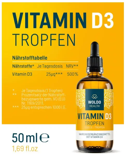 WoldoHealt Vitamin D3 Kapky 1000 I.U. 50 ml