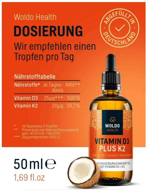 WoldoHealth Vitamín D3 + K2 ve formě kapek 50 ml