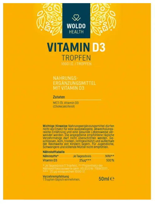 WoldoHealt Vitamin D3 Kapky 1000 I.U. 50 ml