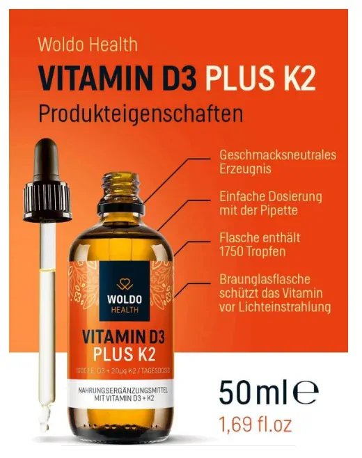 WoldoHealth Vitamín D3 + K2 ve formě kapek 50 ml
